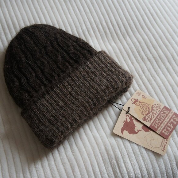 Andes Gifts Dark Brown & Light Brown Reversible 100% Alpaca Wool Beanie Hat - Picture 8 of 10